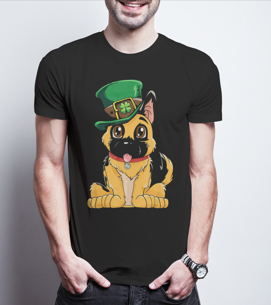 German Shepherd Wearing Leprechaun Hat With Clover T-Shirt