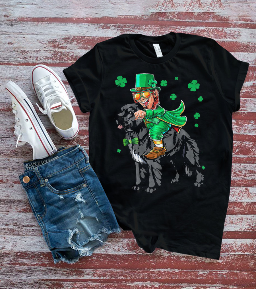 Leprechaun Riding Newfoundland Dog With Shamrocks For St. Pat's Day T-Shirt