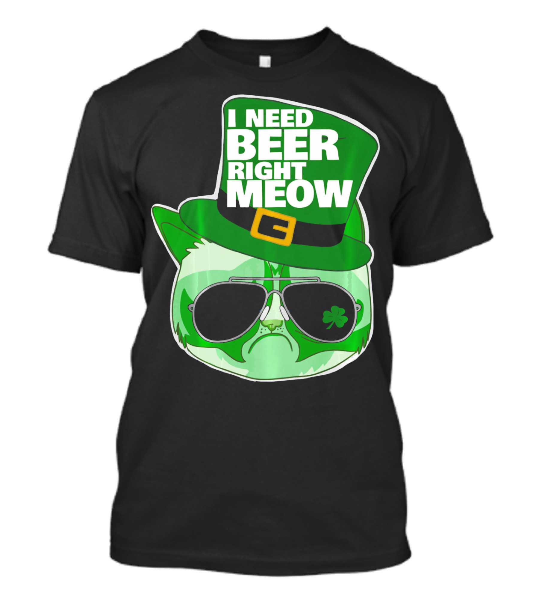 I Need Beer Right Meow Funny St Patricks Day Cat With Green Leprechaun Hat And Sunglasses T-Shirt