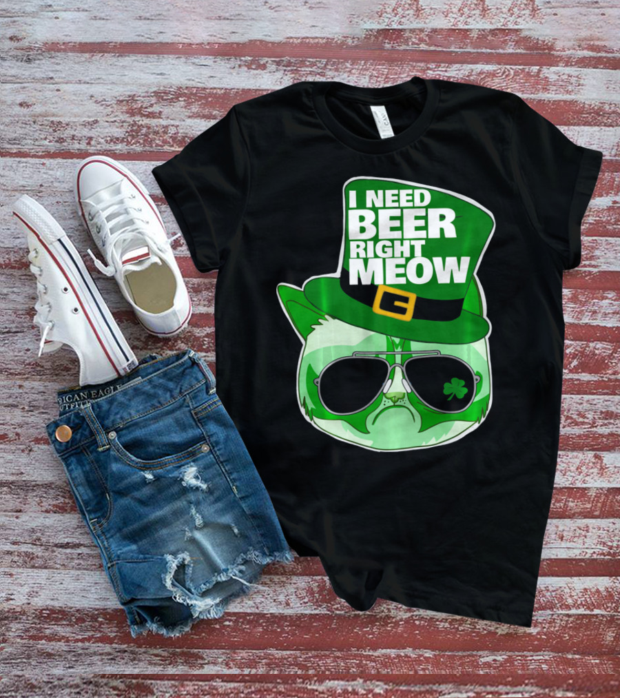I Need Beer Right Meow Funny St Patricks Day Cat With Green Leprechaun Hat And Sunglasses T-Shirt