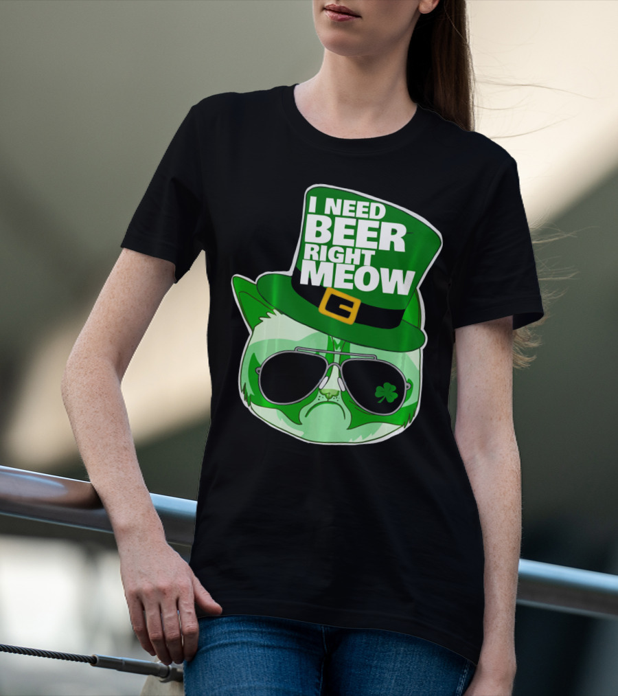 I Need Beer Right Meow Funny St Patricks Day Cat With Green Leprechaun Hat And Sunglasses T-Shirt