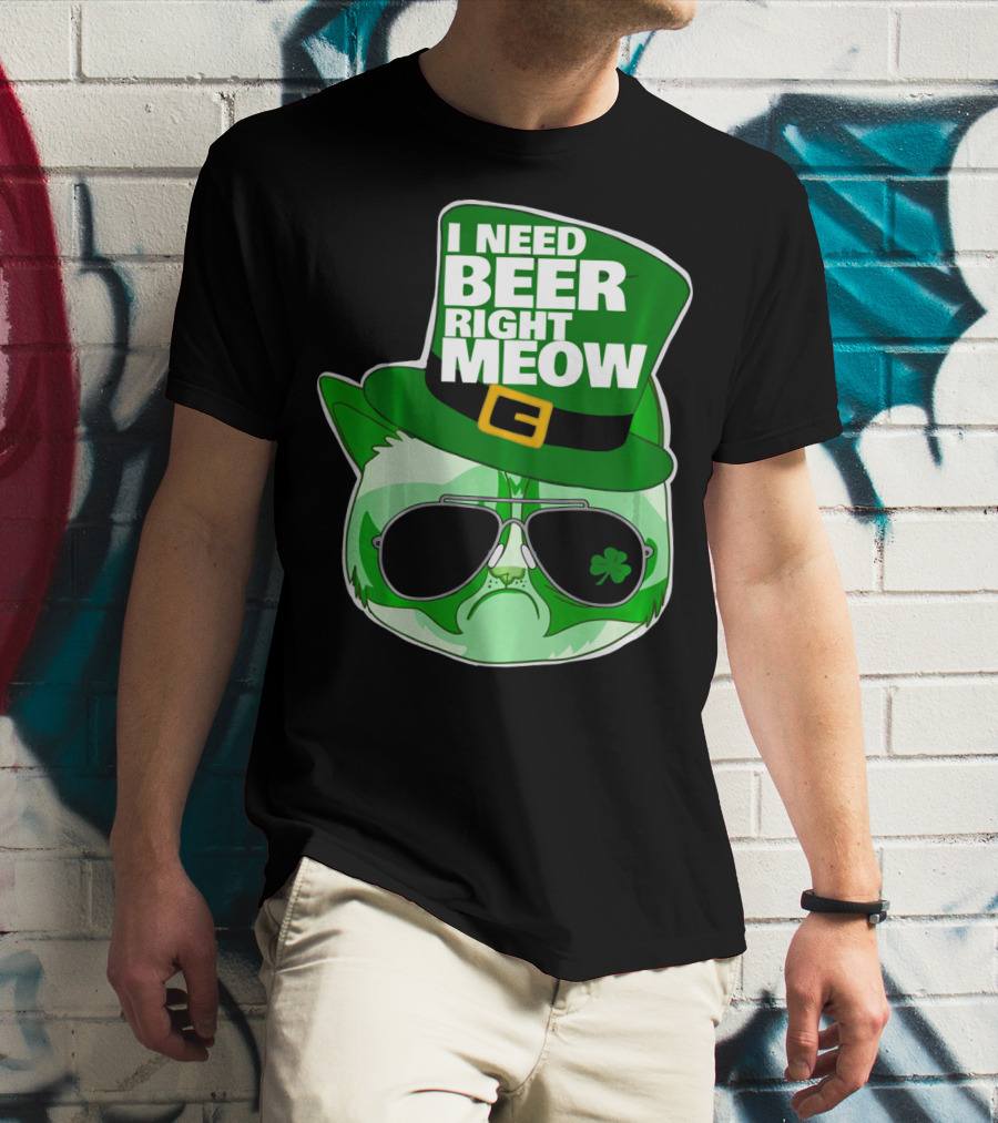 I Need Beer Right Meow Funny St Patricks Day Cat With Green Leprechaun Hat And Sunglasses T-Shirt