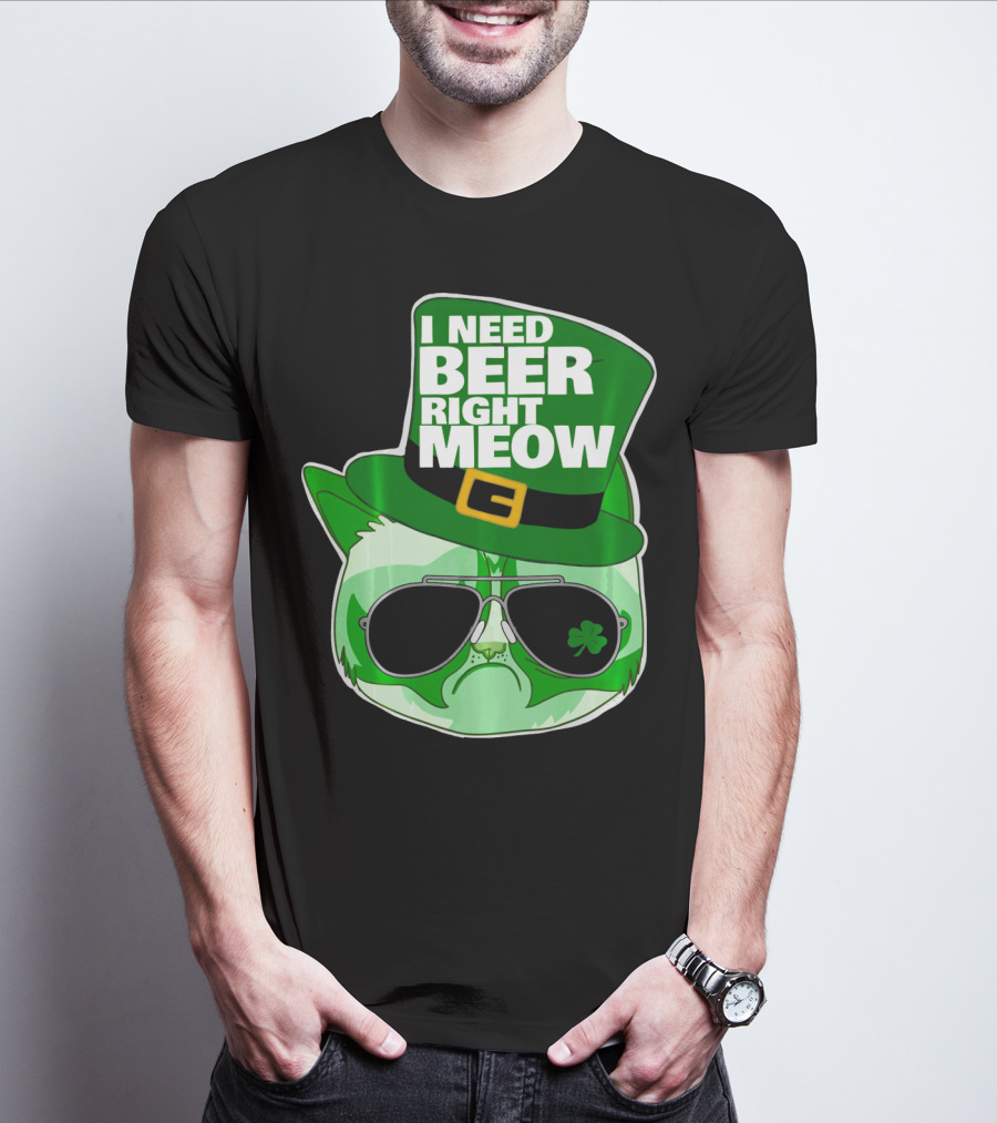 I Need Beer Right Meow Funny St Patricks Day Cat With Green Leprechaun Hat And Sunglasses T-Shirt