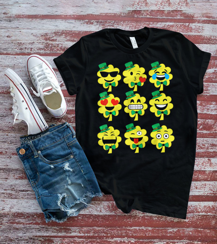 St Patricks Day Kids Emoji Shamrock Faces With Top Hats And Bowties T-Shirt