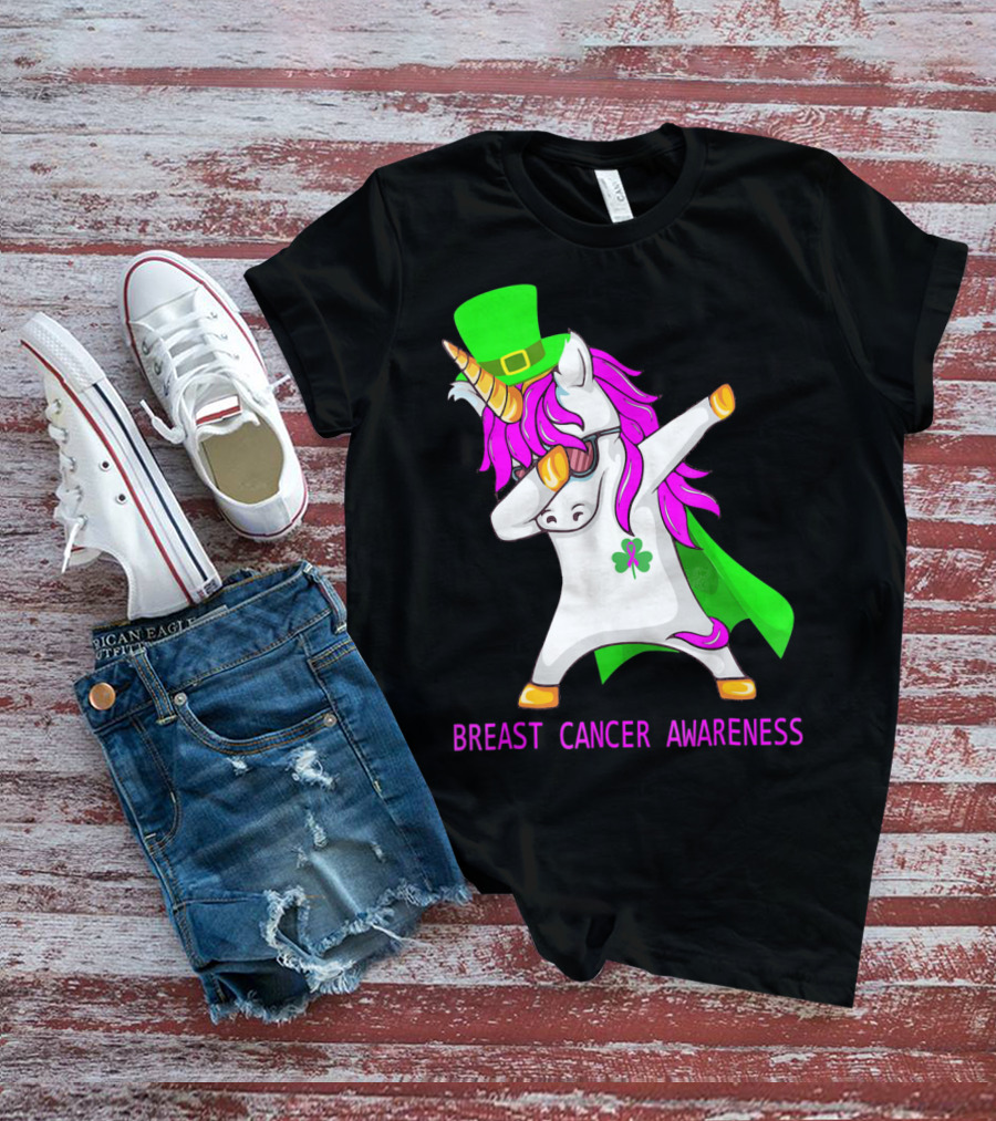 Unicorn Breast Cancer Awareness Dabbing With Green Hat And Clover Patrick T-Shirt