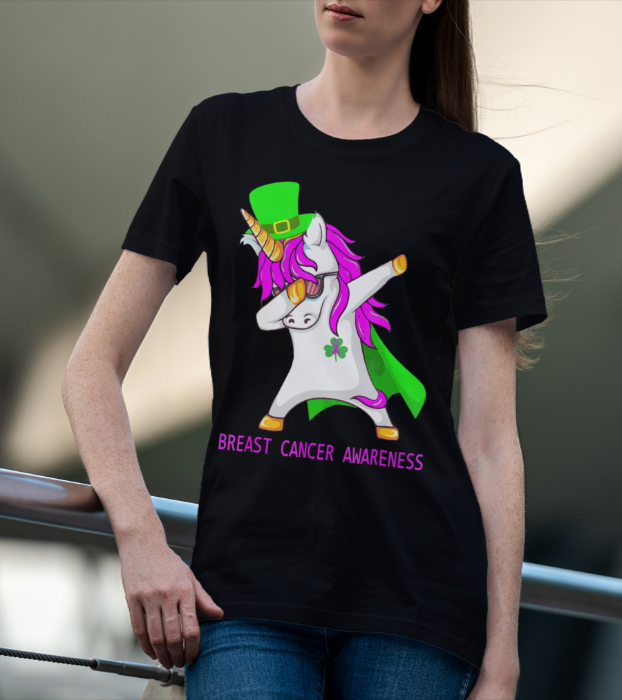 Unicorn Breast Cancer Awareness Dabbing With Green Hat And Clover Patrick T-Shirt