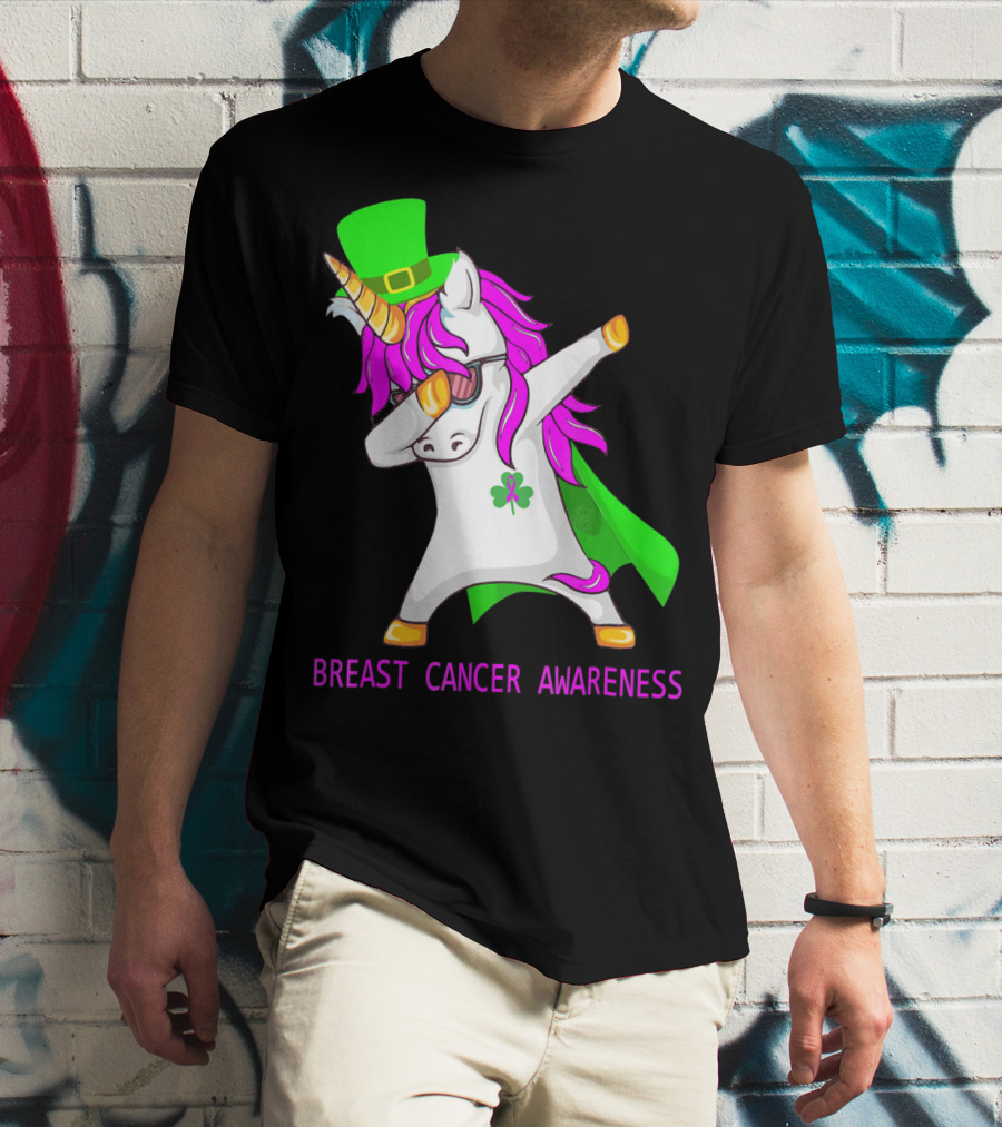 Unicorn Breast Cancer Awareness Dabbing With Green Hat And Clover Patrick T-Shirt