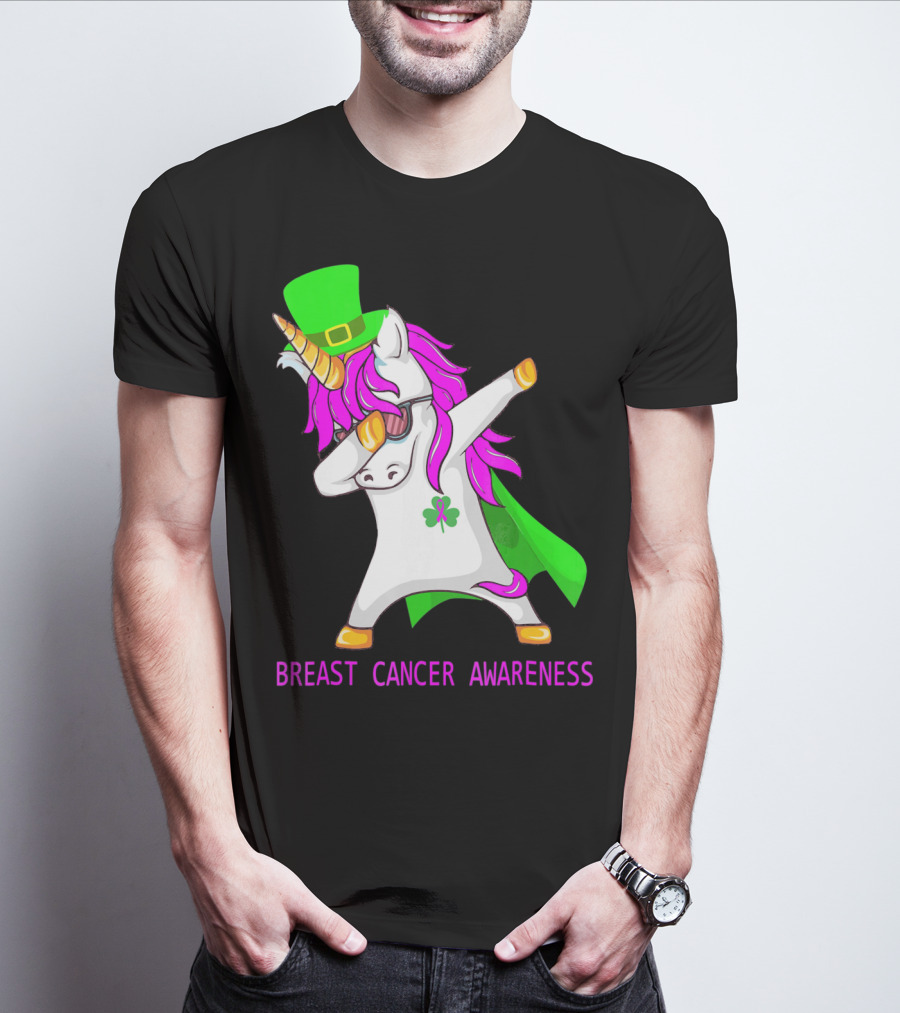 Unicorn Breast Cancer Awareness Dabbing With Green Hat And Clover Patrick T-Shirt