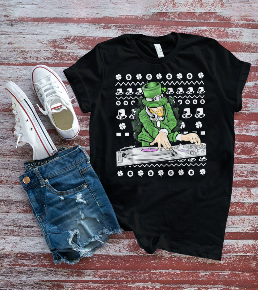 Leprechaun DJ Mixing With Shamrocks And Top Hats T-Shirt