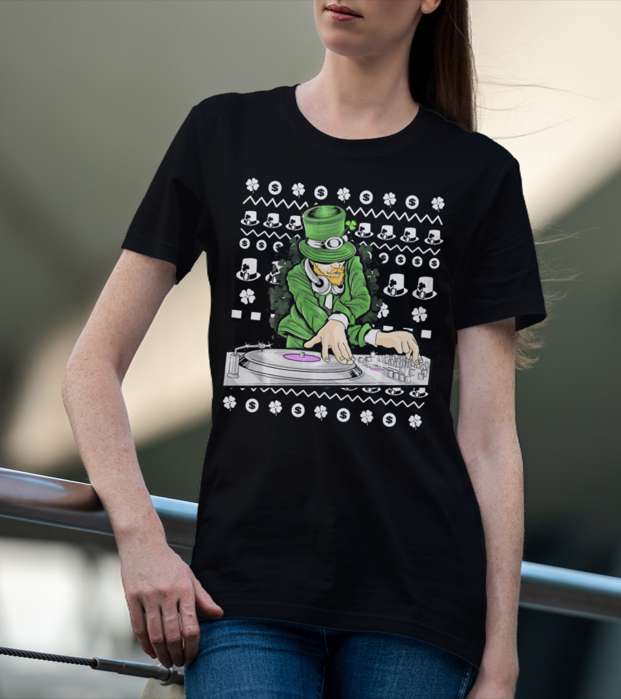 Leprechaun DJ Mixing With Shamrocks And Top Hats T-Shirt