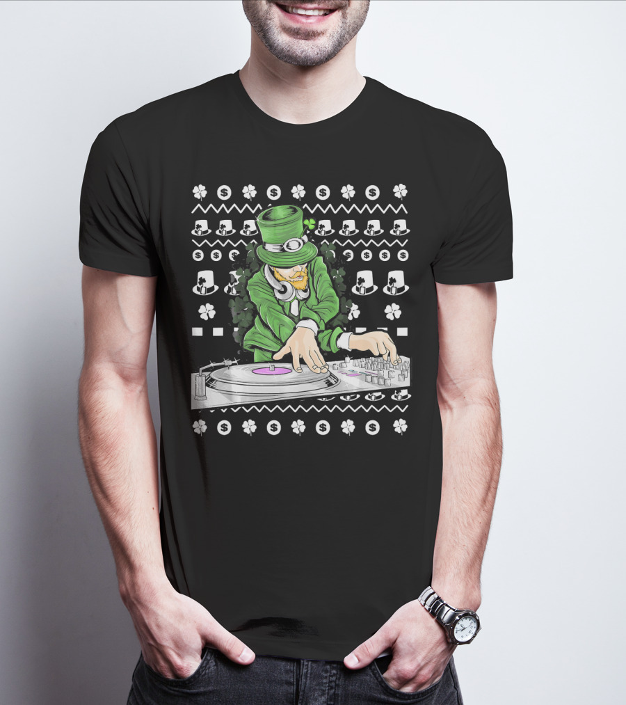 Leprechaun DJ Mixing With Shamrocks And Top Hats T-Shirt