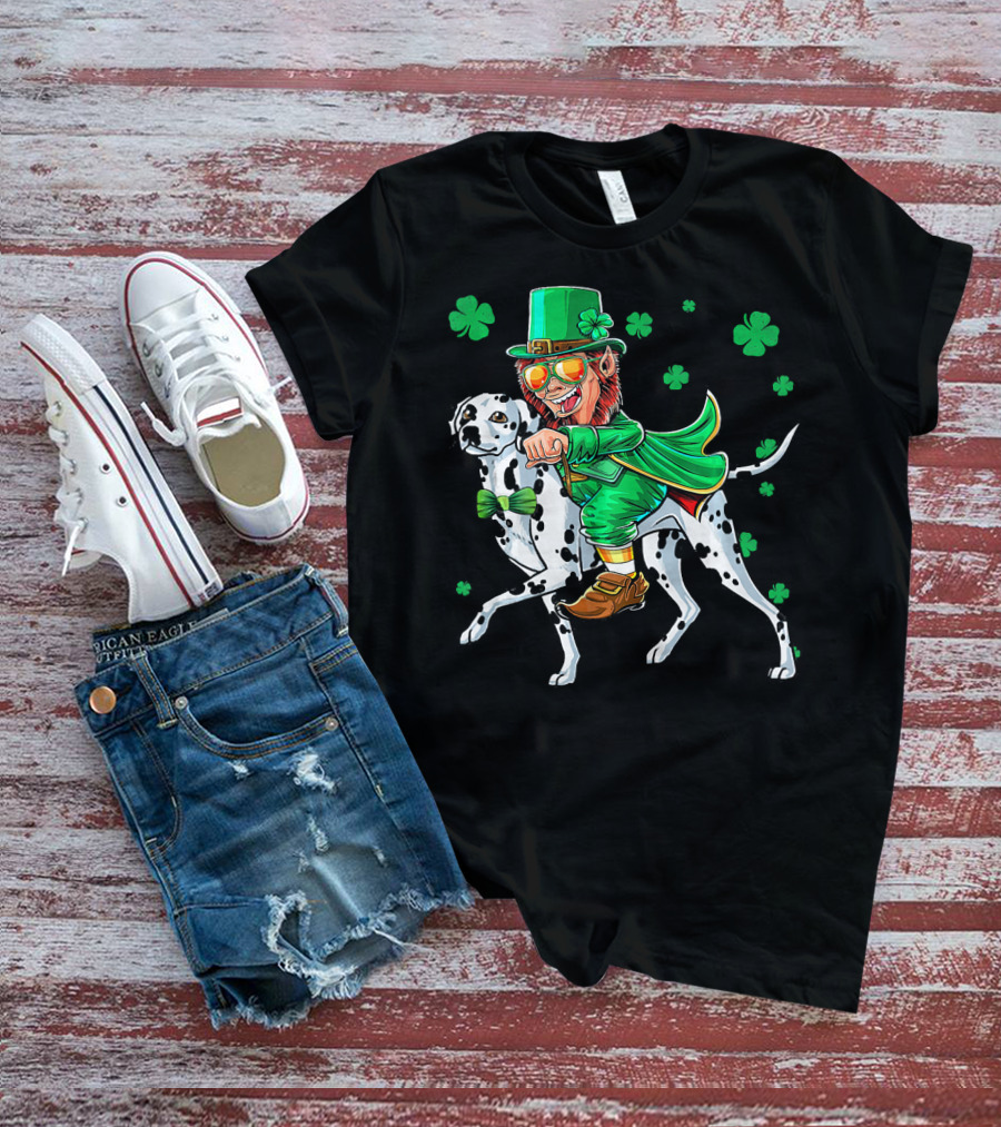 Leprechaun Riding Dalmatian With Shamrocks St. Patrick's Day T-Shirt
