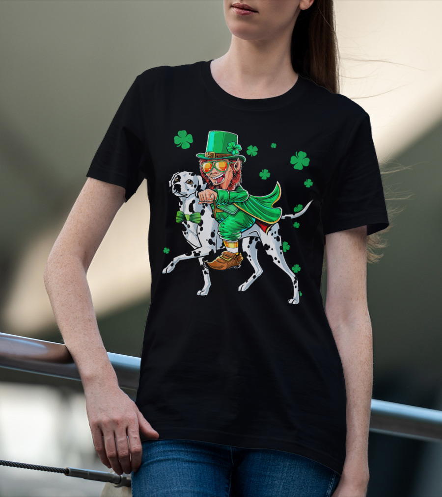 Leprechaun Riding Dalmatian With Shamrocks St. Patrick's Day T-Shirt