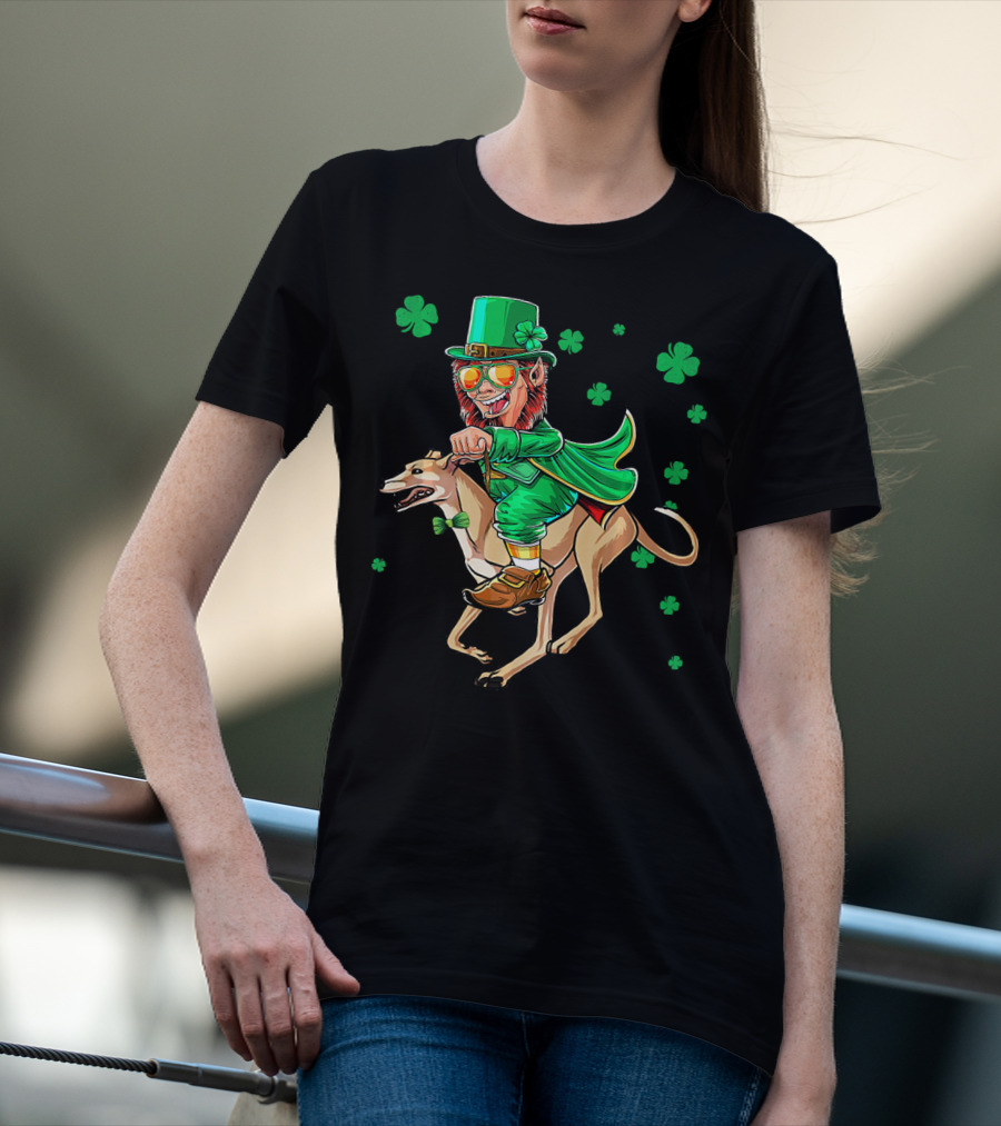 Leprechaun Riding Greyhound With Shamrocks St. Patrick's Day T-Shirt