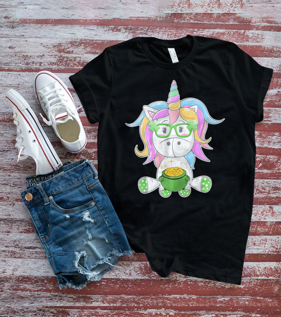 Unicorn Face Saint Patricks Day Shamrock Glasses Pot Of Gold T-Shirt