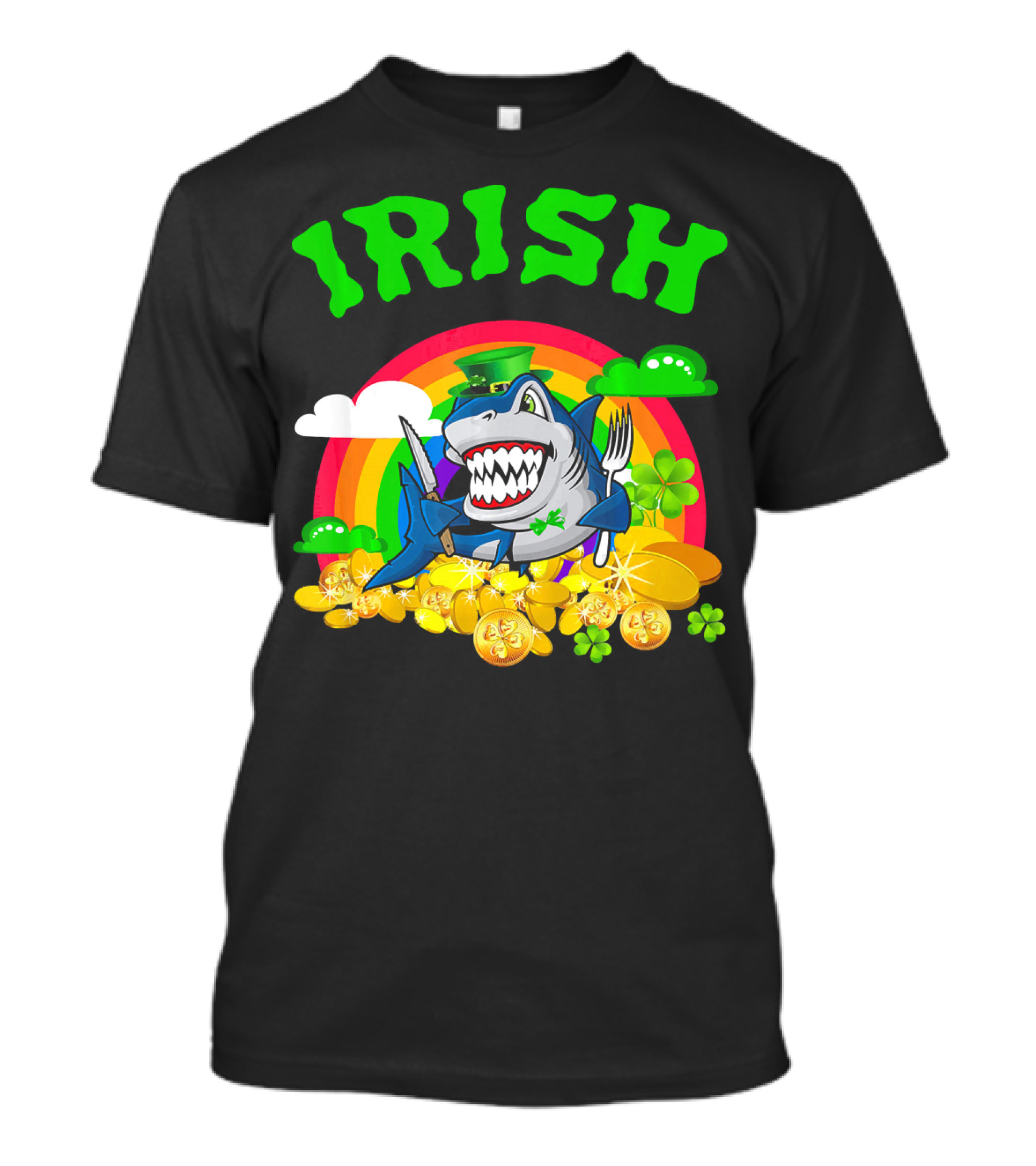 Irish Shark Funny St Patricks Day Leprechaun Rainbow Coins T-Shirt