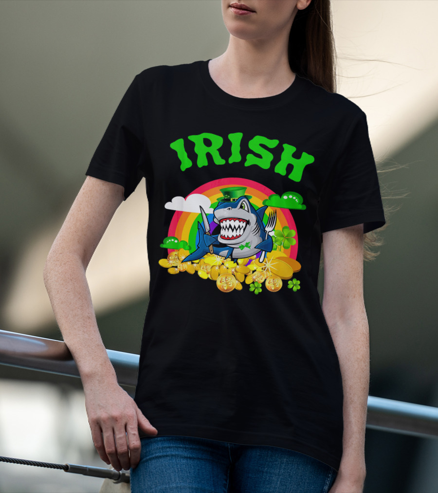 Irish Shark Funny St Patricks Day Leprechaun Rainbow Coins T-Shirt