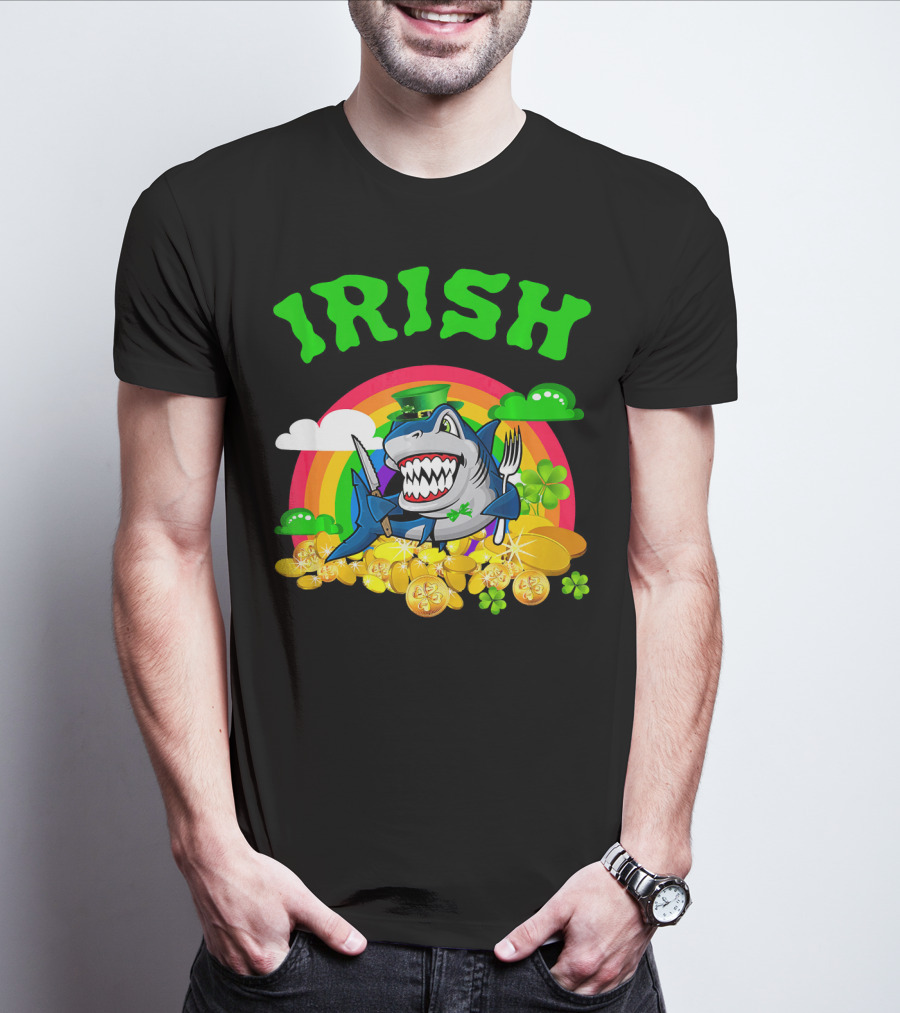 Irish Shark Funny St Patricks Day Leprechaun Rainbow Coins T-Shirt