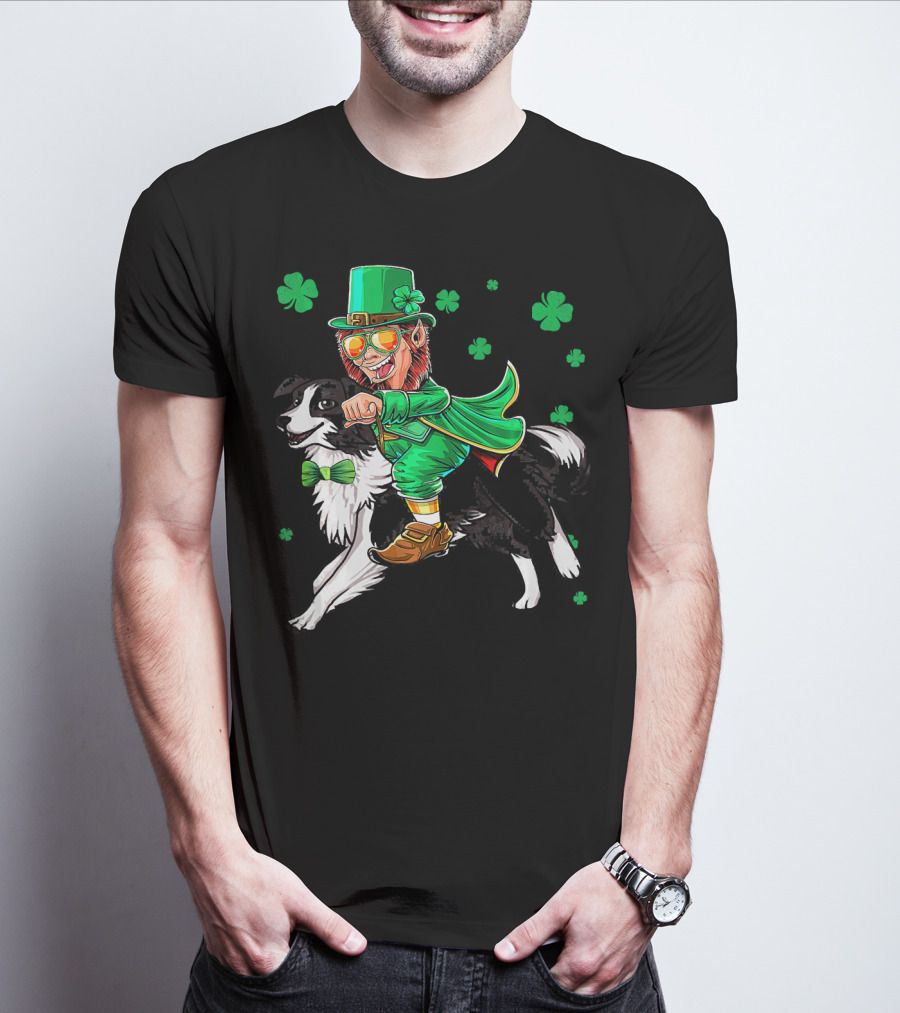 Leprechaun Riding Border Collie With Shamrocks T-Shirt