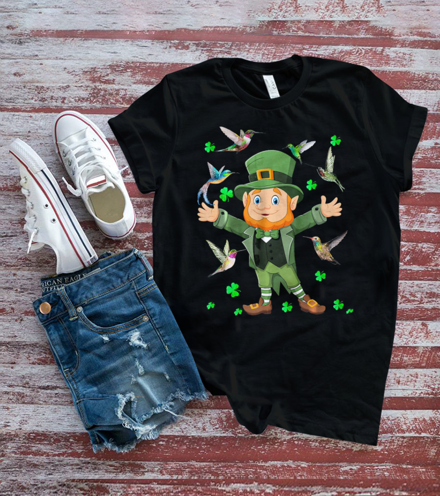 St Patricks Day Leprechaun With Hummingbirds And Shamrocks T-Shirt