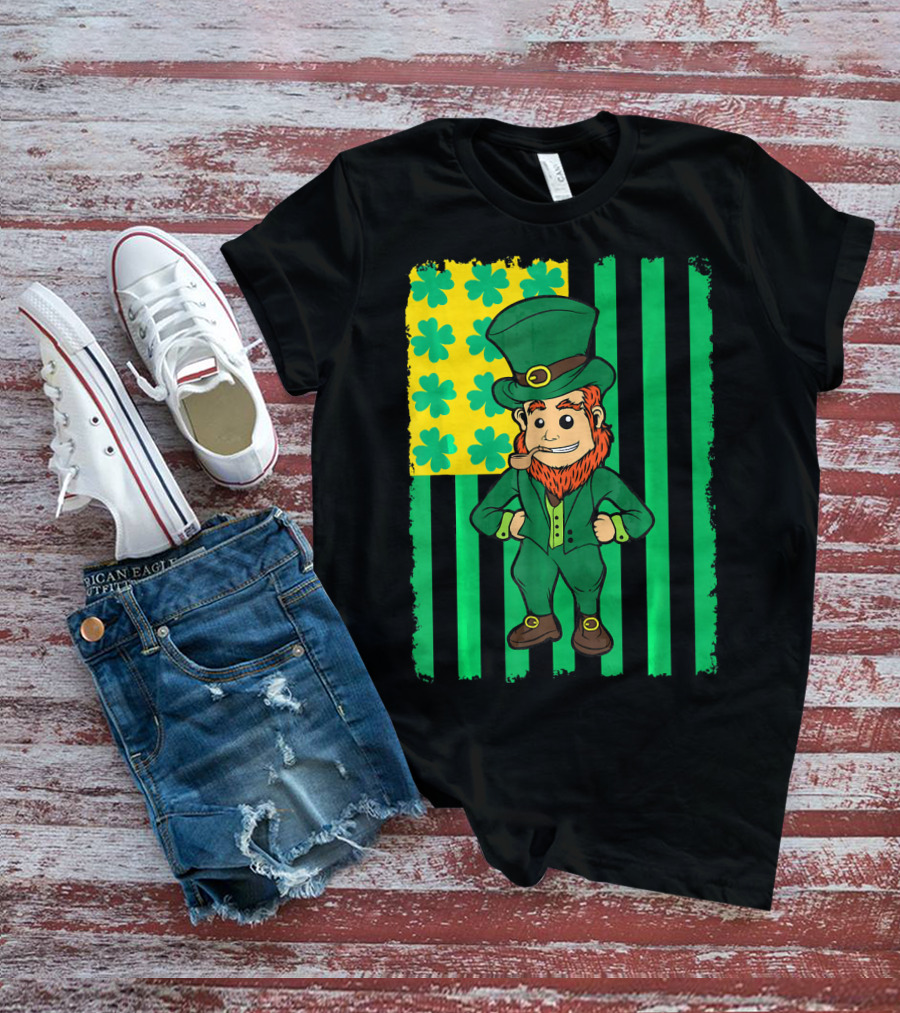 Irish American Leprechaun With Clover Flag T-Shirt