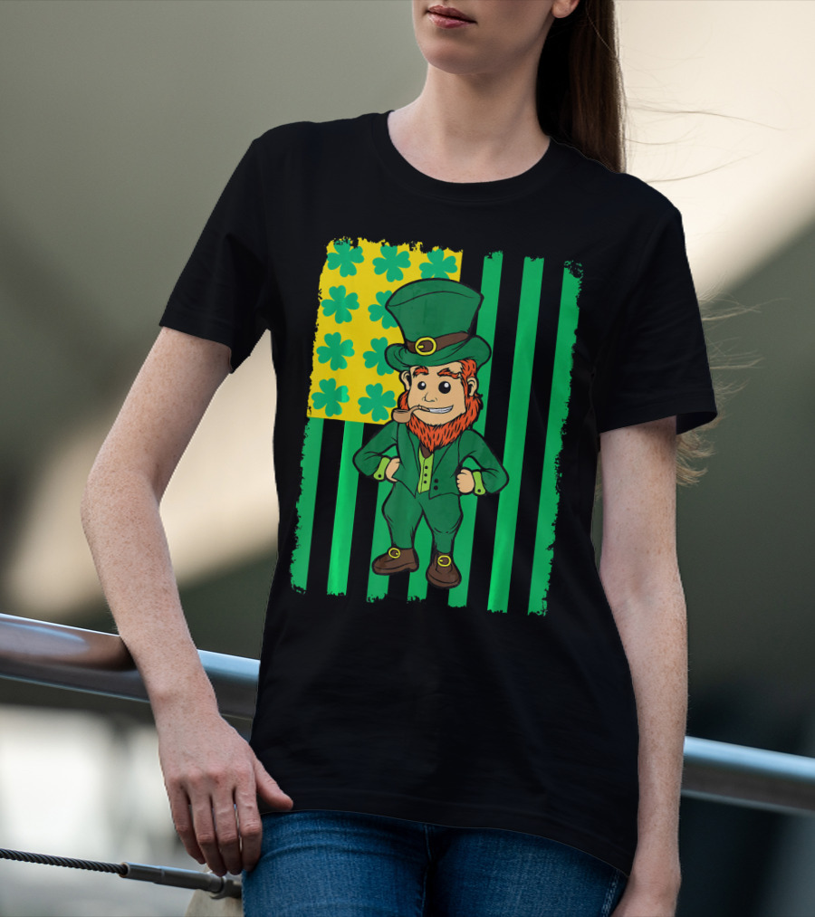 Irish American Leprechaun With Clover Flag T-Shirt