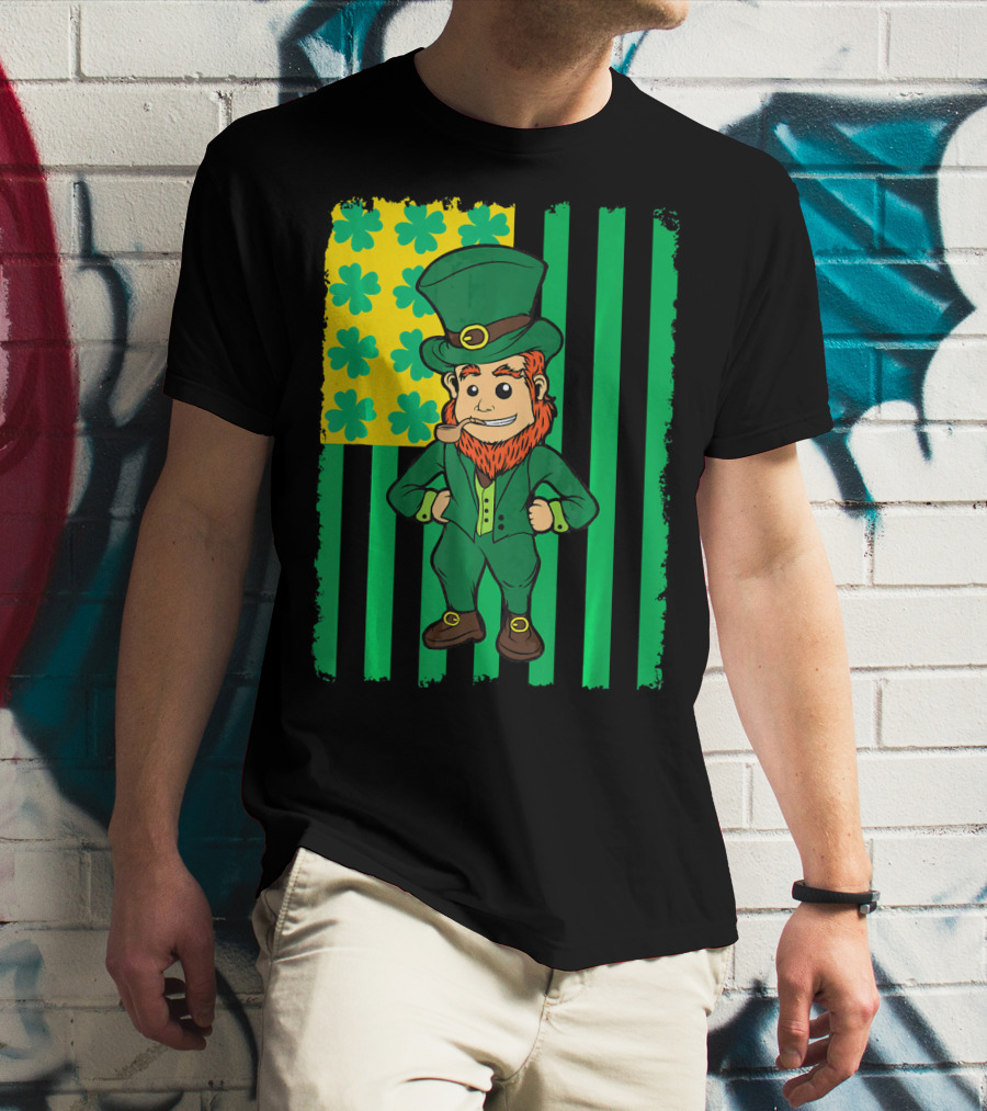 Irish American Leprechaun With Clover Flag T-Shirt