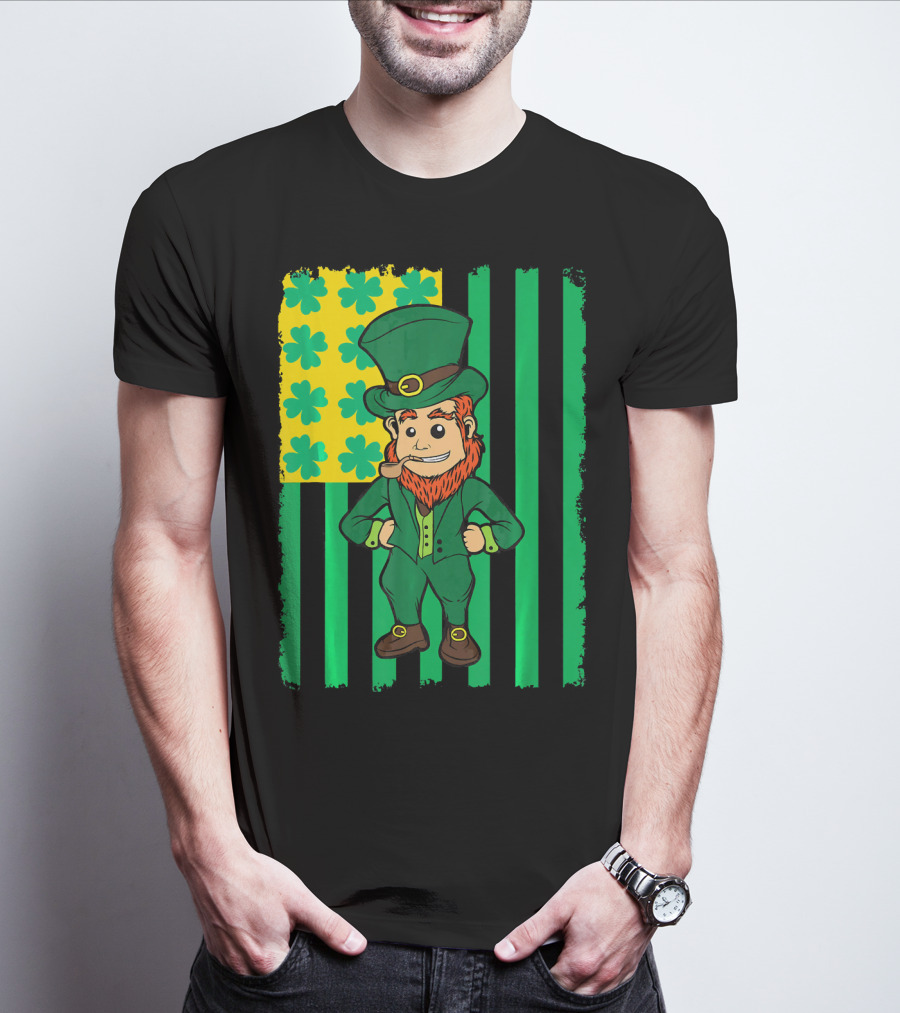 Irish American Leprechaun With Clover Flag T-Shirt