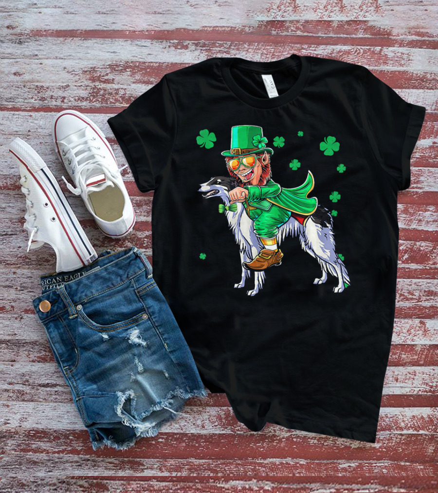 Leprechaun Riding Borzoi With Shamrocks St. Patrick's Day T-Shirt