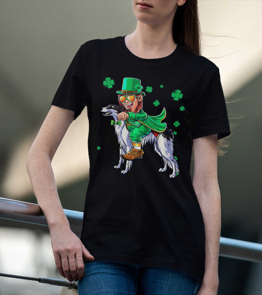 Leprechaun Riding Borzoi With Shamrocks St. Patrick's Day T-Shirt