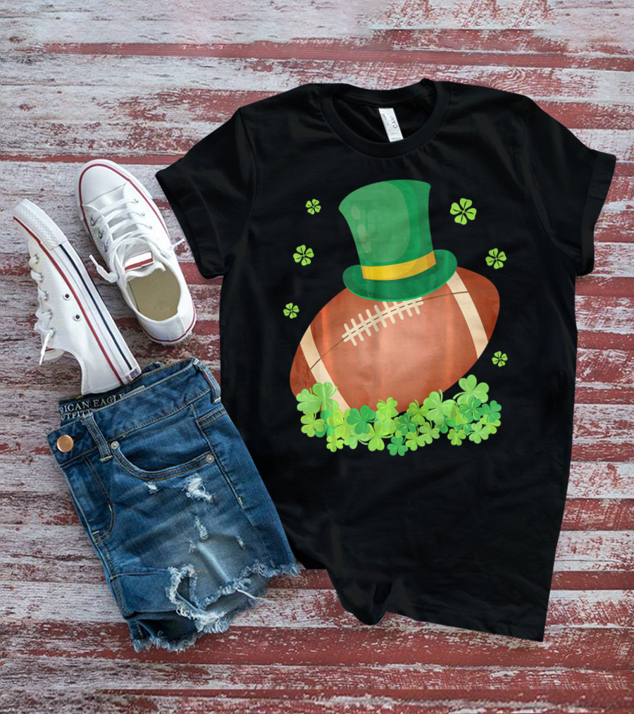 Leprechaun Hat On Football Surrounded By Clovers T-Shirt