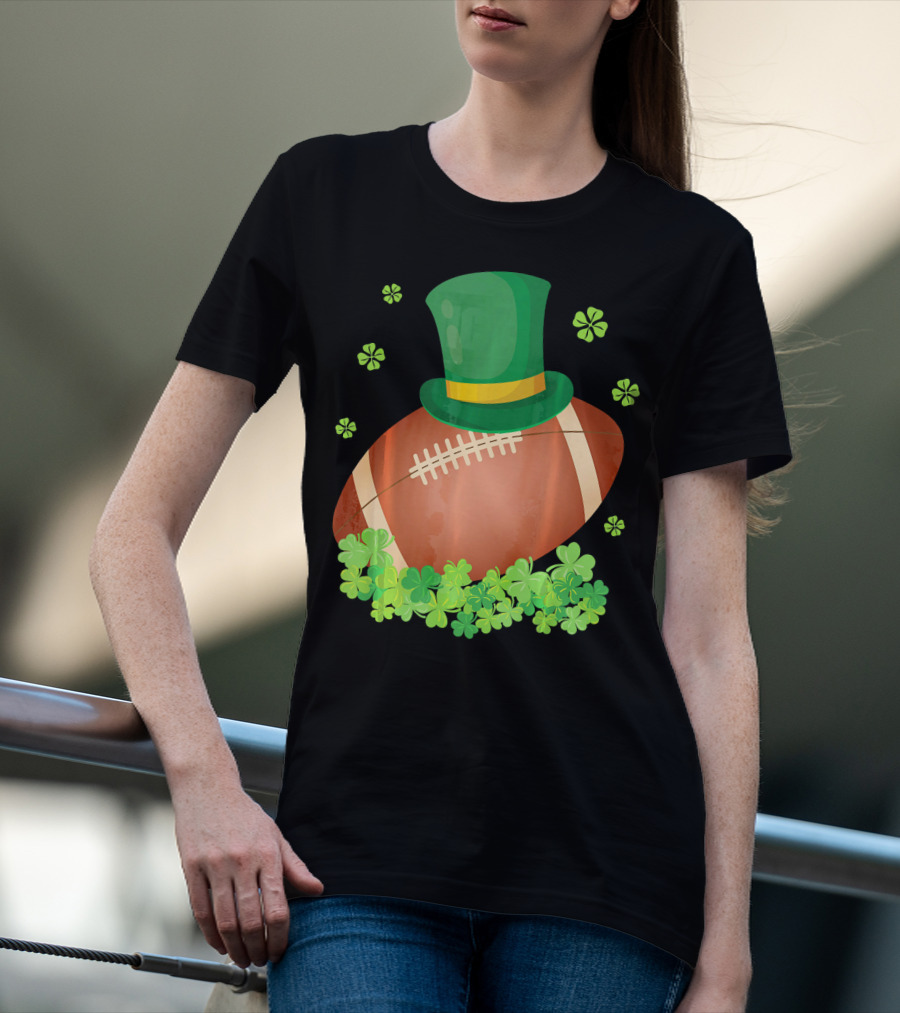 Leprechaun Hat On Football Surrounded By Clovers T-Shirt