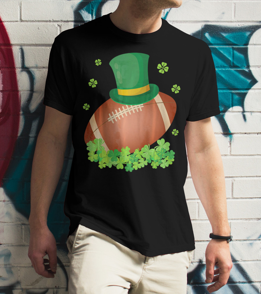 Leprechaun Hat On Football Surrounded By Clovers T-Shirt