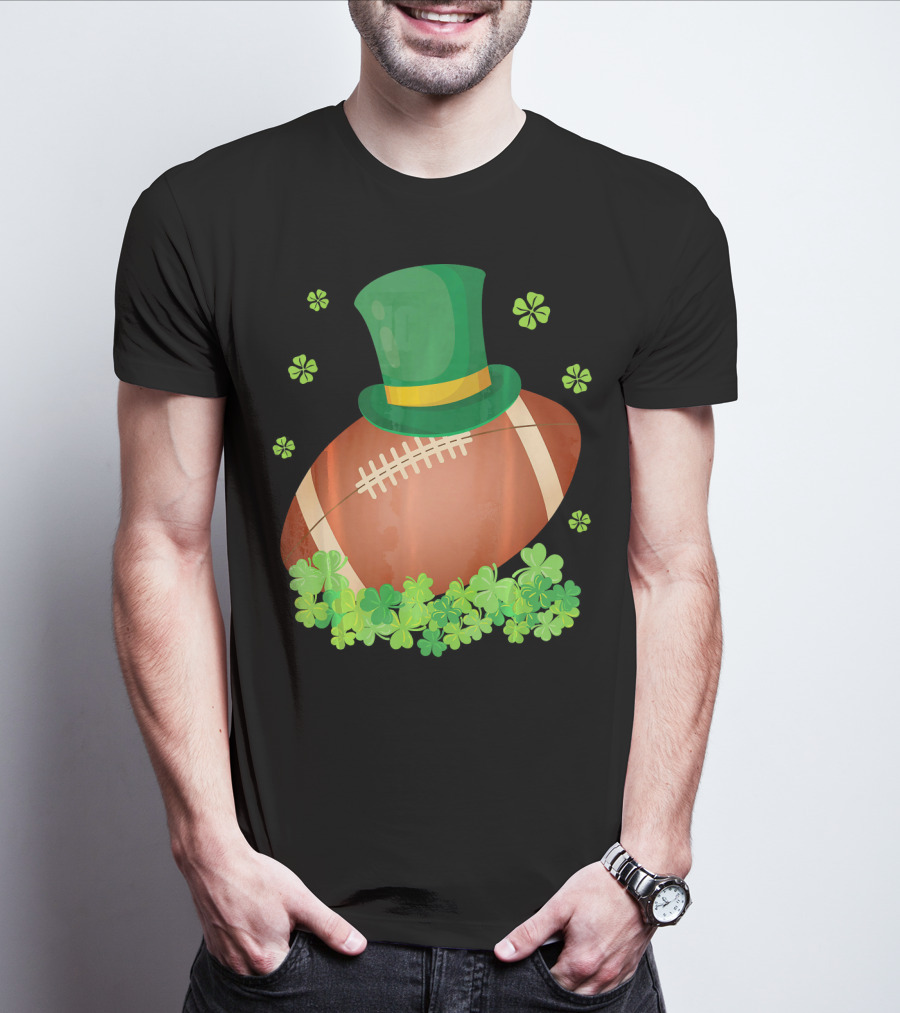 Leprechaun Hat On Football Surrounded By Clovers T-Shirt