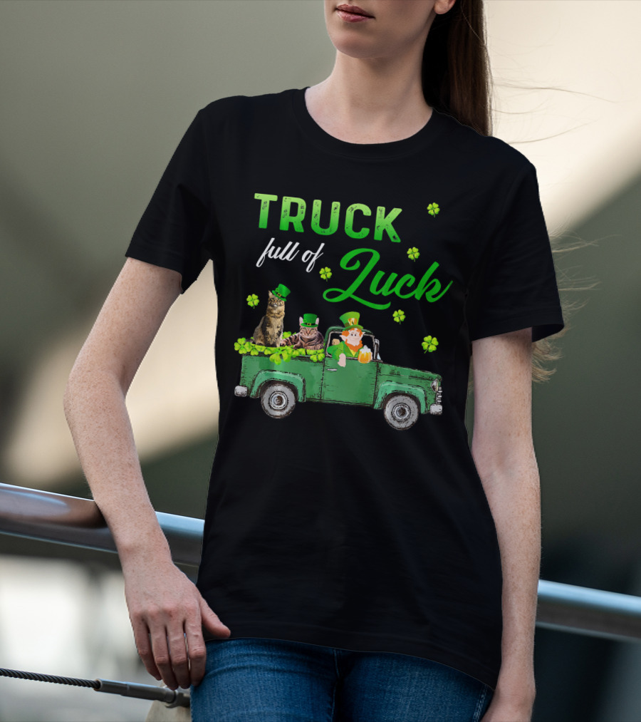 Truck Full Of Luck Cats Leprechaun Shamrocks T-Shirt