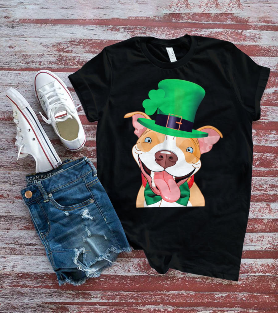 Irish Pitbull St Patricks Day Funny Leprechaun Hat Shamrock T-Shirt