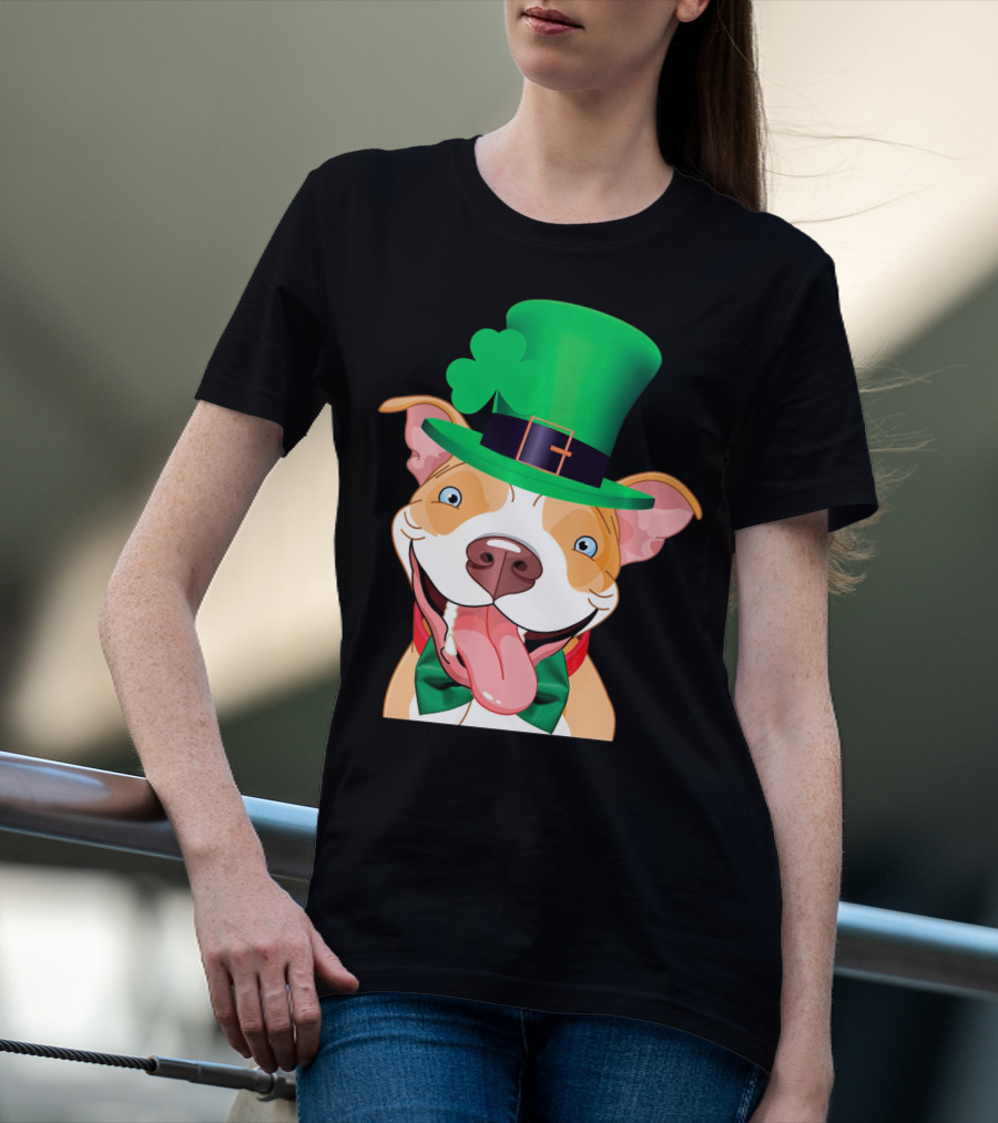 Irish Pitbull St Patricks Day Funny Leprechaun Hat Shamrock T-Shirt