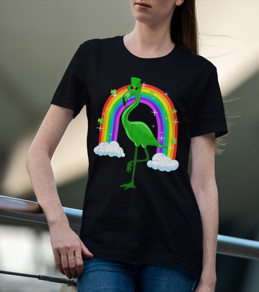 Leprechaun Flamingo With Rainbow And Clovers T-Shirt