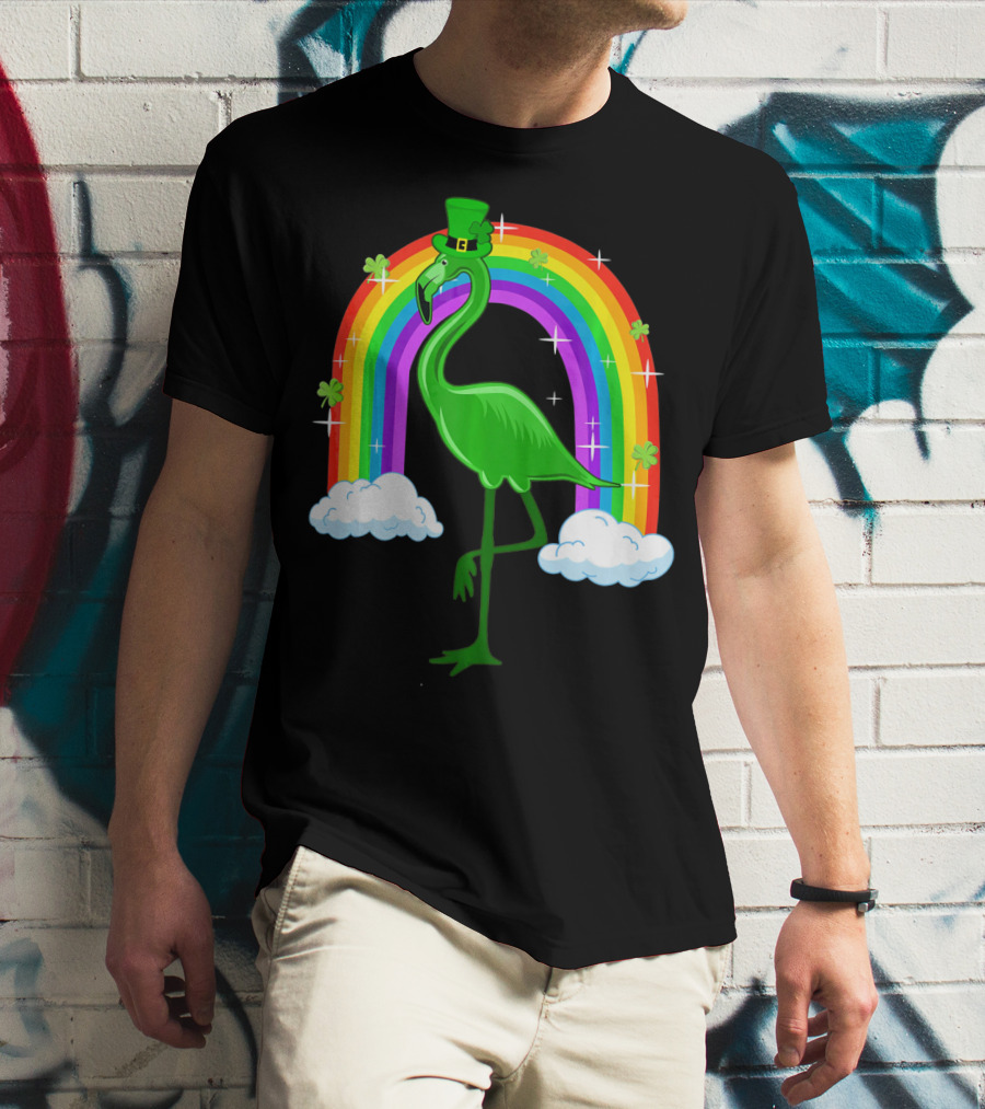 Leprechaun Flamingo With Rainbow And Clovers T-Shirt