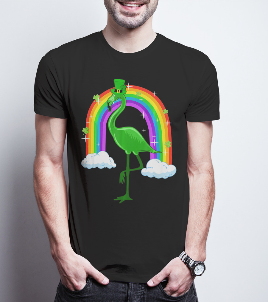 Leprechaun Flamingo With Rainbow And Clovers T-Shirt