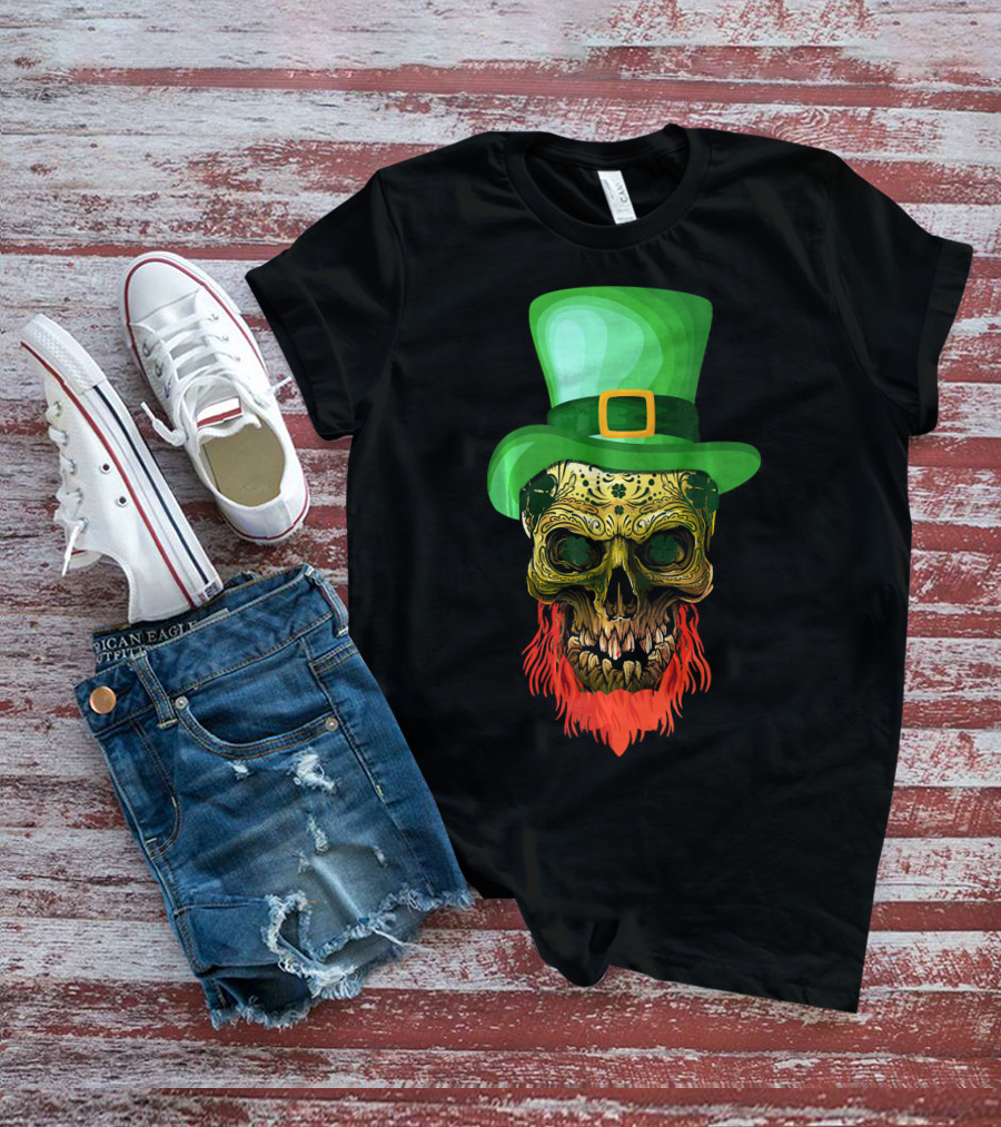 Skull Leprechaun Irish Green Hat Red Beard T-Shirt