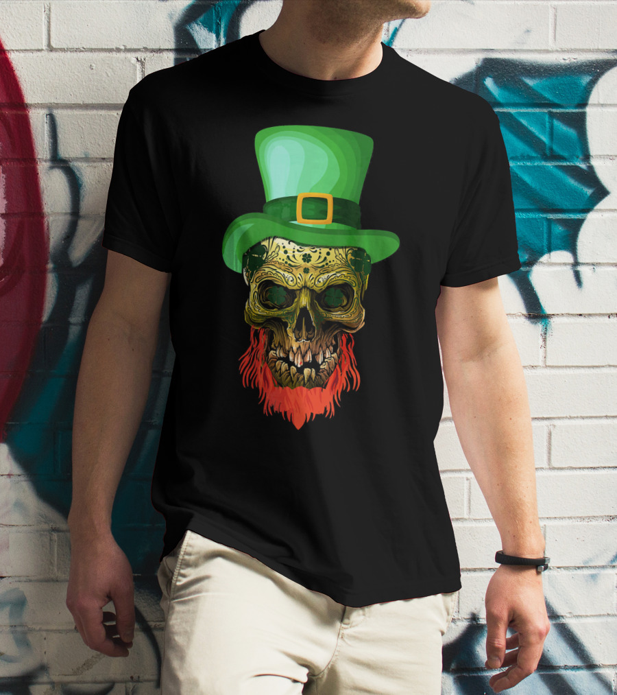 Skull Leprechaun Irish Green Hat Red Beard T-Shirt
