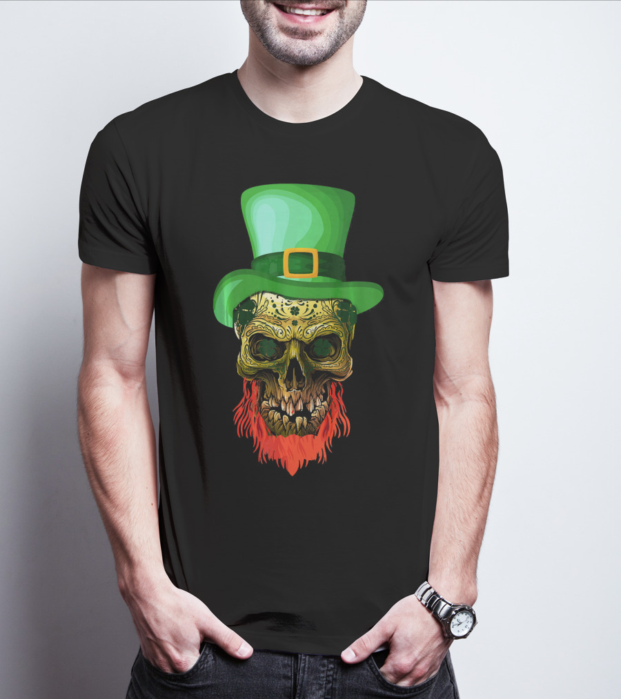 Skull Leprechaun Irish Green Hat Red Beard T-Shirt