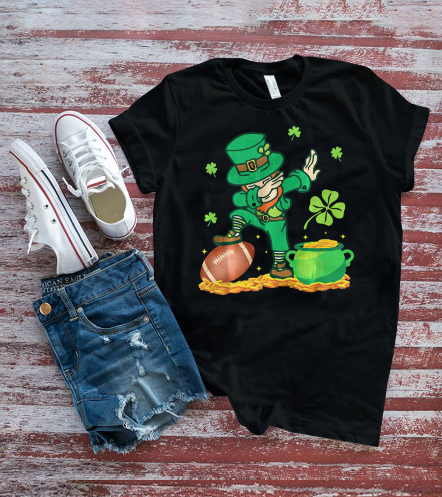 Leprechaun Dabbing With Football Shamrocks And Pot Of Gold T-Shirt