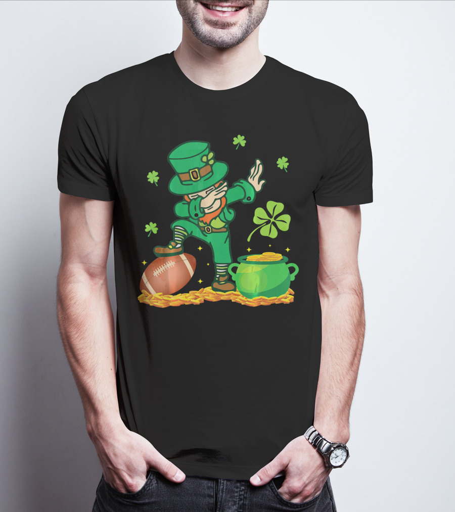 Leprechaun Dabbing With Football Shamrocks And Pot Of Gold T-Shirt