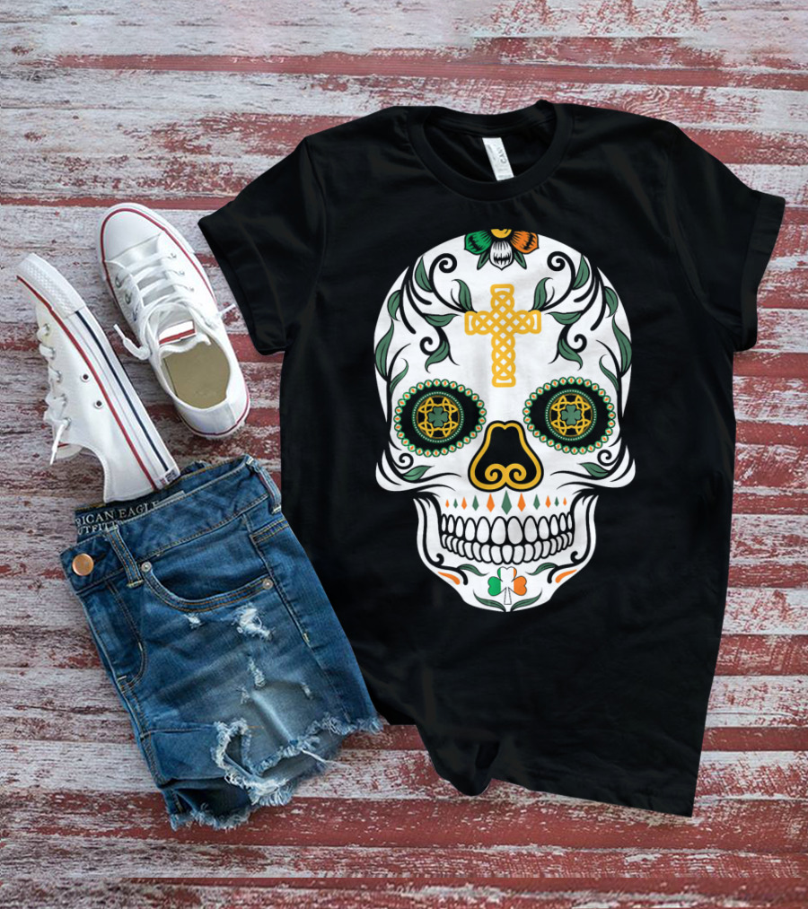 Cinco De Mayo Shamrock Sugar Skull Celtic Cross Floral T-Shirt