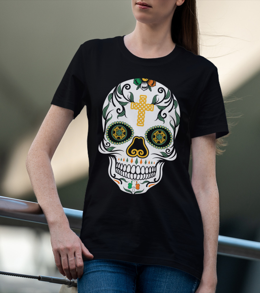 Cinco De Mayo Shamrock Sugar Skull Celtic Cross Floral T-Shirt