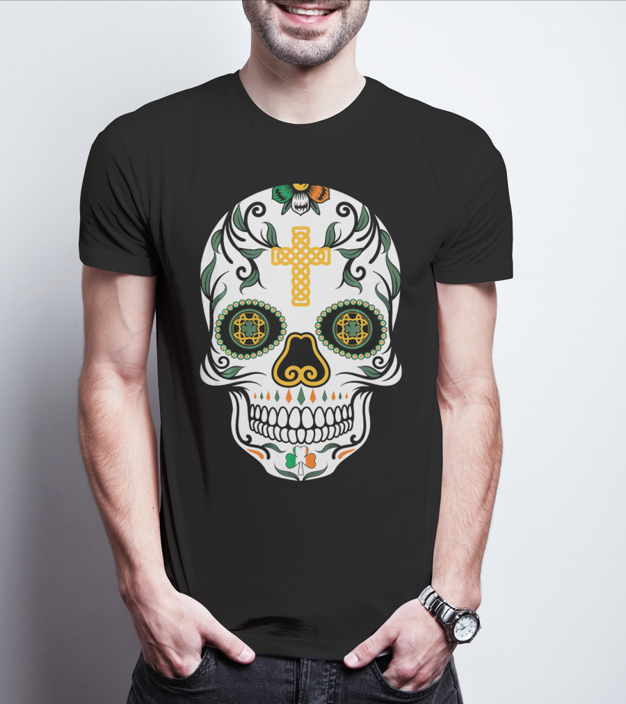 Cinco De Mayo Shamrock Sugar Skull Celtic Cross Floral T-Shirt