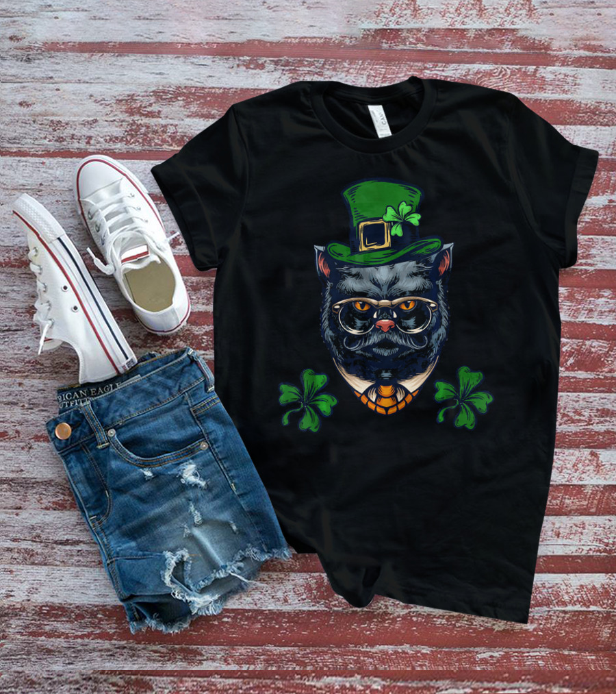 Funny Cat Mustache Leprechaun With Shamrocks And Glasses T-Shirt