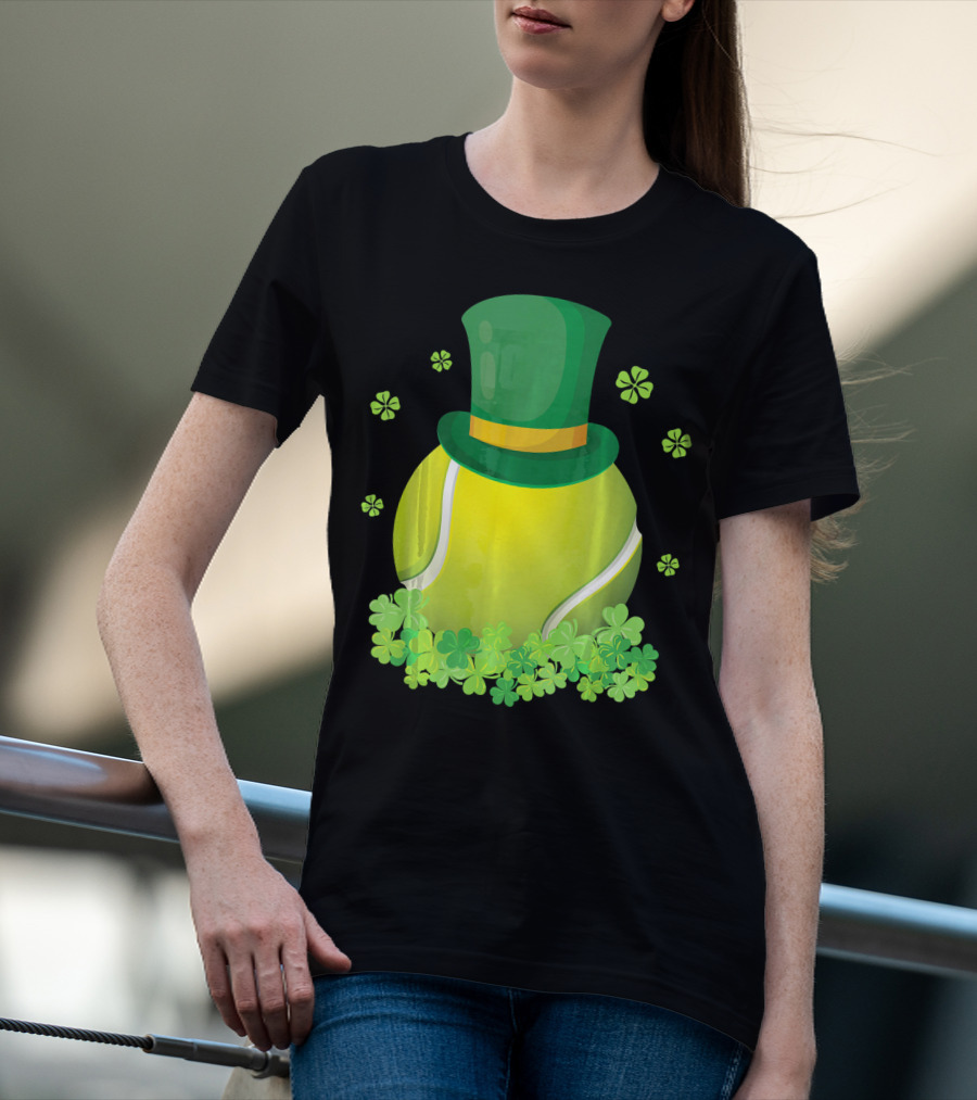 Leprechaun Hat Tennis Ball Surrounded By Shamrocks T-Shirt